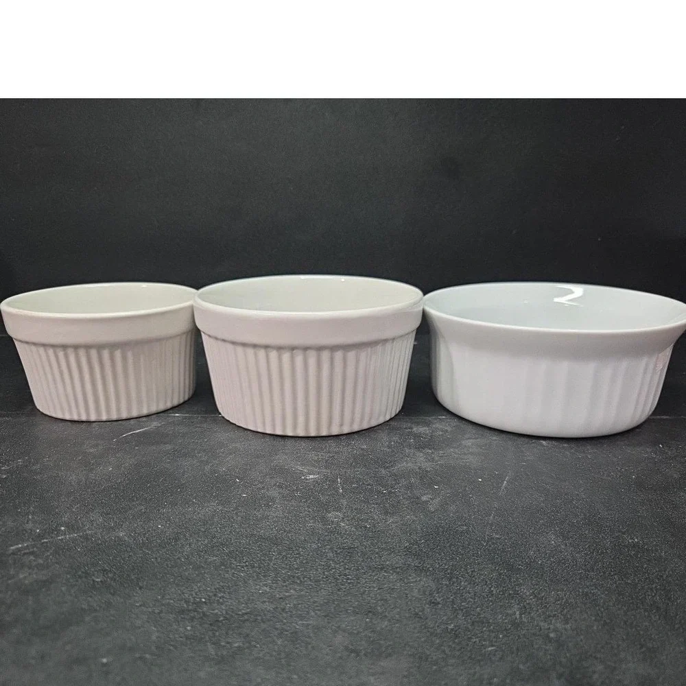 Bali White Ceramic Ribbed Bowls, Set of‎ 3, Vintage Replacement Kitchenware
